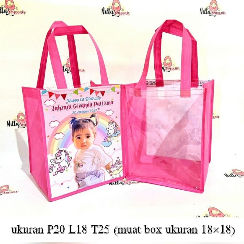 

Tas ultah anak souvenir ulang tahun kombinasi mika transparan free desain custom foto anak