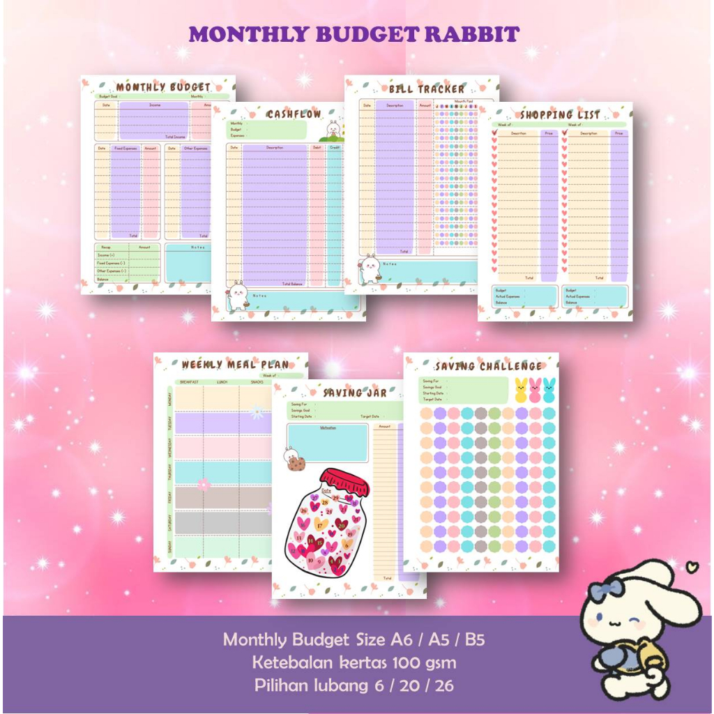 

MONTHLY BUDGET Rabbit PLANNER CATATAN KEUANGAN CASHFLOW PENGELUARAN BULANAN / FINANCIAL TRACKER / KERTAS BINDER / EXPENSE TRACKER / SAVING JAR / REFILL BINDER A6/A5/B5