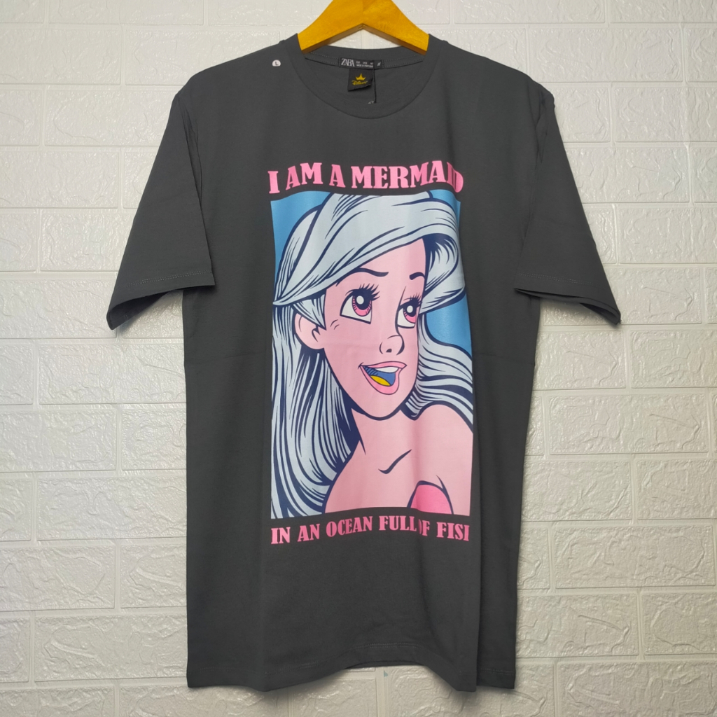 Kaos wanita mermaid ariel disney princess abu dark grey cotton combed 24s oversize M L XL ld 105 110