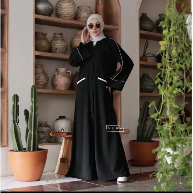 Gamis Outer Abaya Hitam ANH bordir Putih