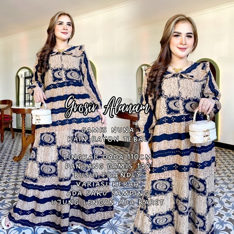 GAMIS NUNA - GAMIS RAYON KAIN TEBAL BATIK MOTIF KEKINIAN BUSUI FRIENDLY BAHAN HALUS ADEM
