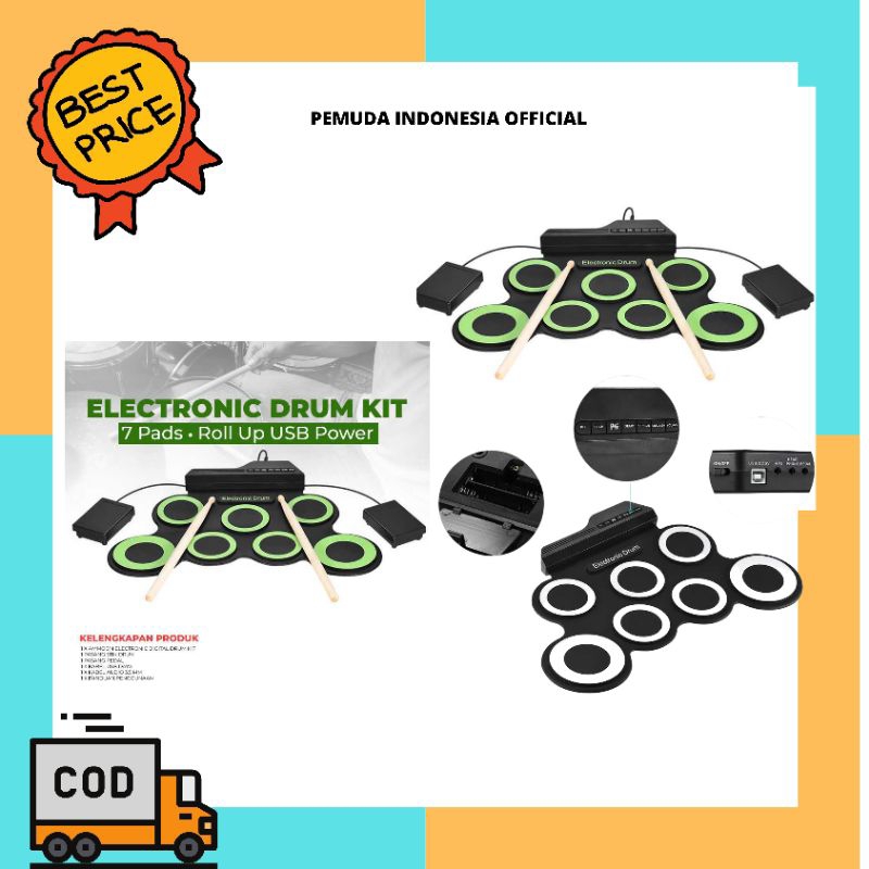 Drum Elektronik Portabel Digital USB 7 Bantalan Roll up Drum Set Silicone Electric Drum Pad Kit