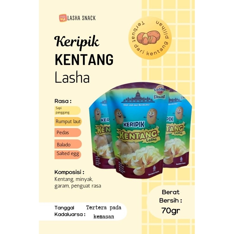 

Keripik kentang LaSha snack borobudur oleh oleh borobudur cemilan viral enak murah bagus magelang jogja buah tangan original sapi panggang balado rumput laut extra pedas salted egg jawa tengah