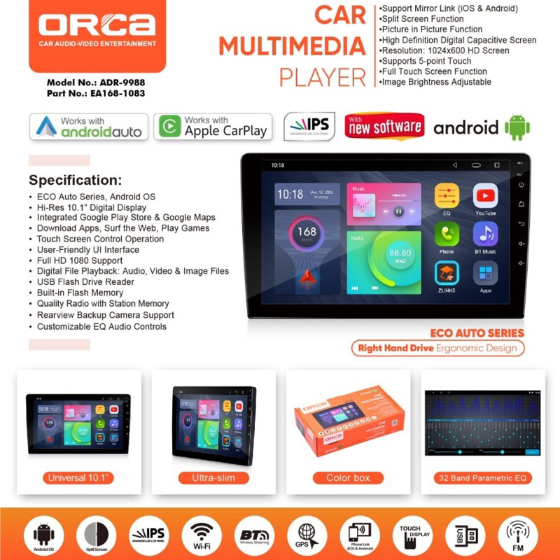 Orca ADR-9988 Eco Series Head Unit Android Universal