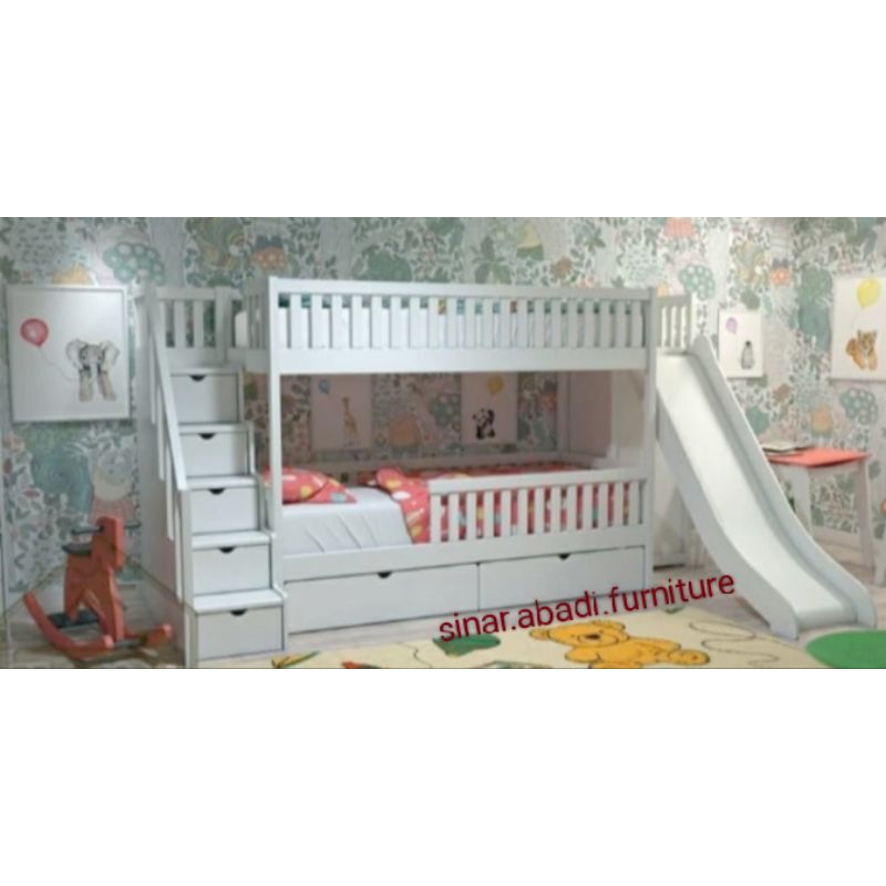 tempat tidur anak tingkat+tangga laci+2laci bawah kasur+prosotan size 100×200×180