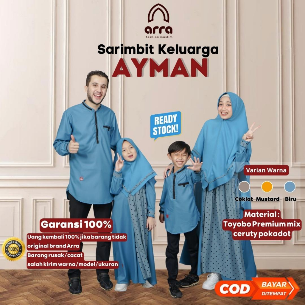 Arra Ayman Sarimbit Set Keluarga (Koko, Gamis, Kerudung) Warna Biru Fashion Muslim Dewasa Anak Bahan