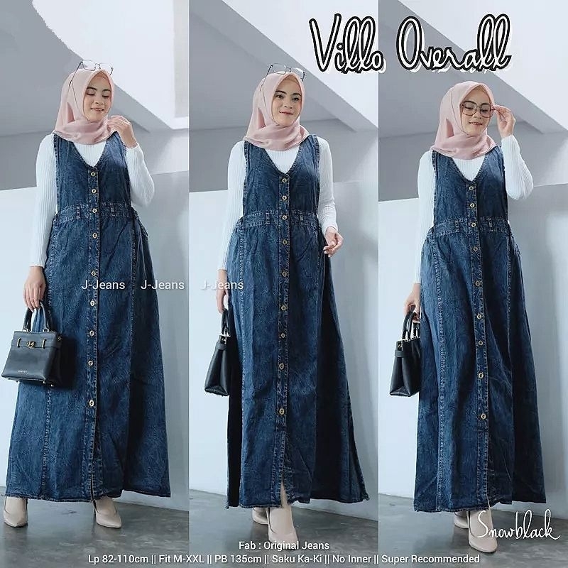 Villo Overall Rok Jeans Midi Dress Wanita