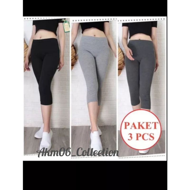Promo Paket  3 Pcs Celana Legging Wanita 7/8 Bahan Kaos Ukuran Standar & Jumbo