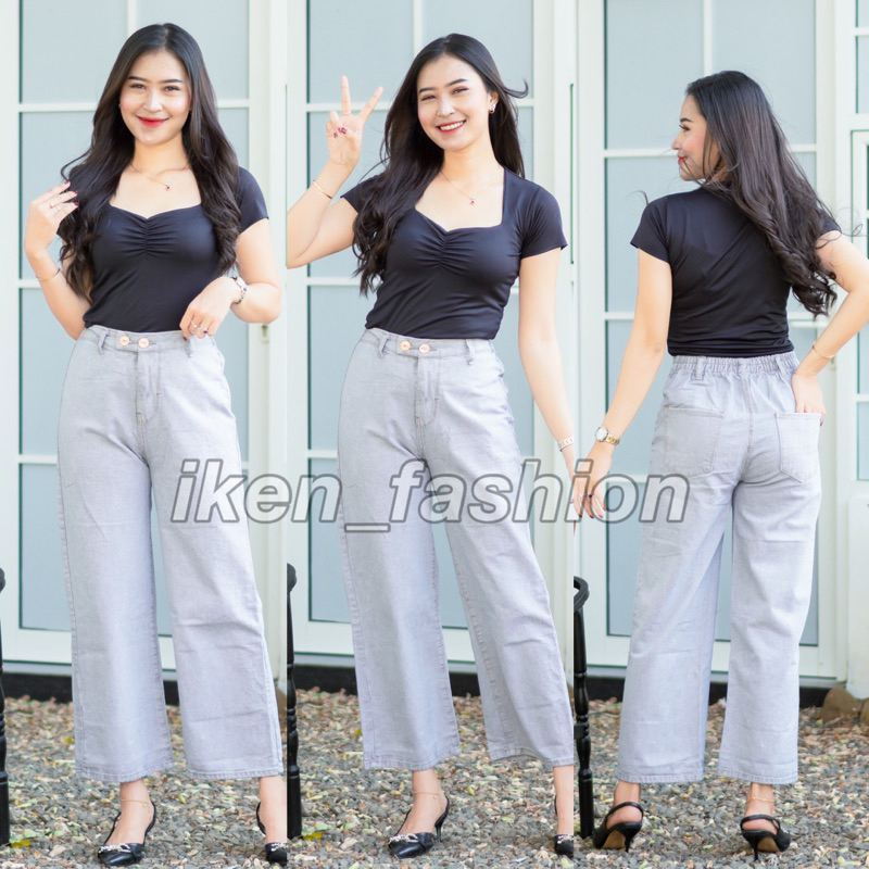 KULOT JEANS HIGHWAIST KANCING 2 PINGGANG KARET // CELANA JEANS KULOT WANITA