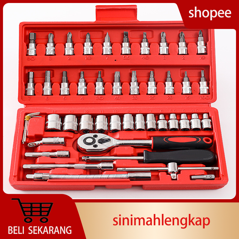 GilaDiskon Kunci Konci Socket Wrench Pas Sok Shock Sock Set 46 pc Spanner Socket Set 1/4 Car Repair Tool Kunci inggris 46 pcs COD Promo Murah Best Seller