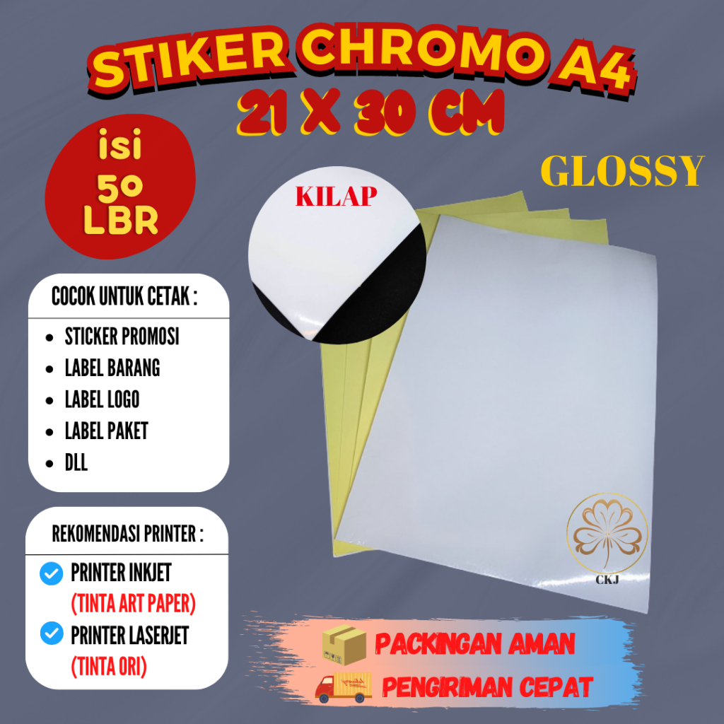 

STICKER CHROMO A4 ISI 50 LEMBAR / KERTAS STIKER GLOSSY MENGKILAP A4