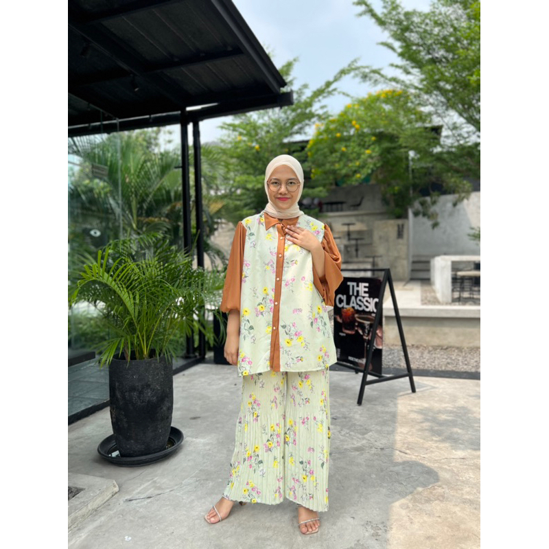 ARASHA SET | setelan import premium motif bunga celana kulot plisket one set enzy kombinasi mewah ke