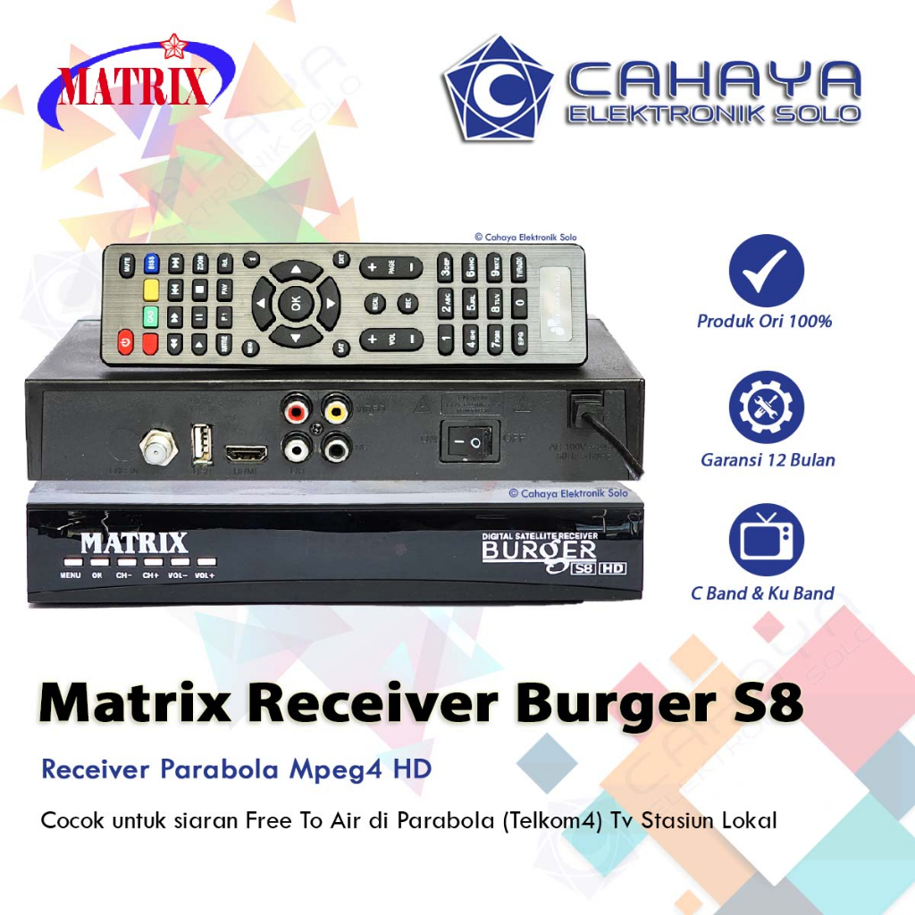 Receiver Parabola Matrix Burger S8 HD Mpeg4 Anti Panas Bisskey Powervu