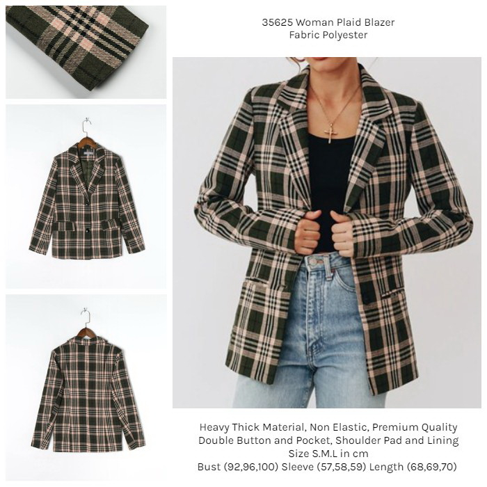 35625 Blazer Wanita Kotak Kotak Jas Wanita Premium Office Plaid Blazer
