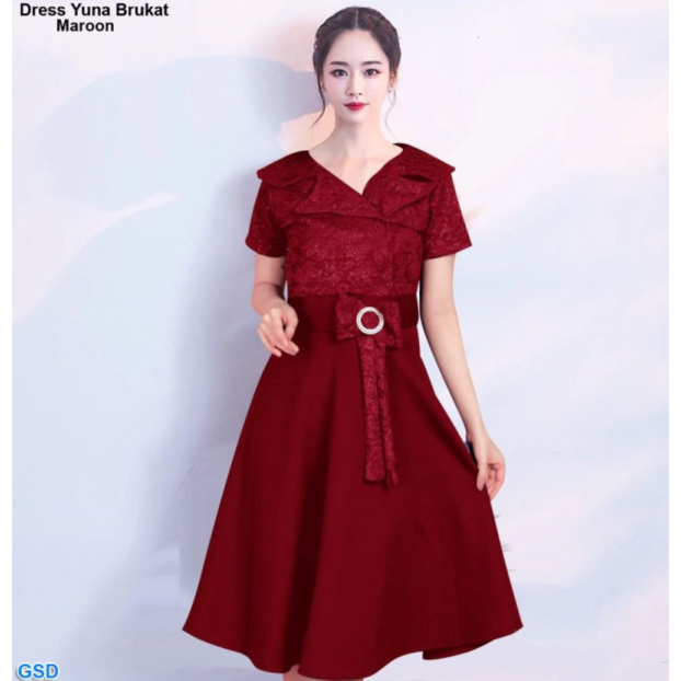 murah sabrina/dress MAROON Yuna Dress Dress tren pesta Brukat/Midi wanita Limited - Unik