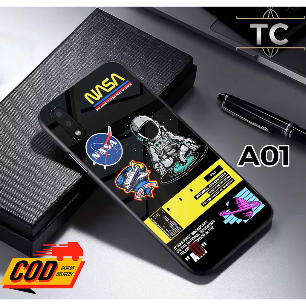 Softcase Glass Kilau glossy Fashion Motif Astronot- Case Samsung A01 kaca glossy Casing Hp Samsung A