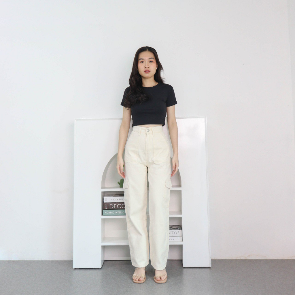 yeonin.id  Celana Highwaist Cargo Jeans Baggy Import Wanita Kekinian X56 Cream