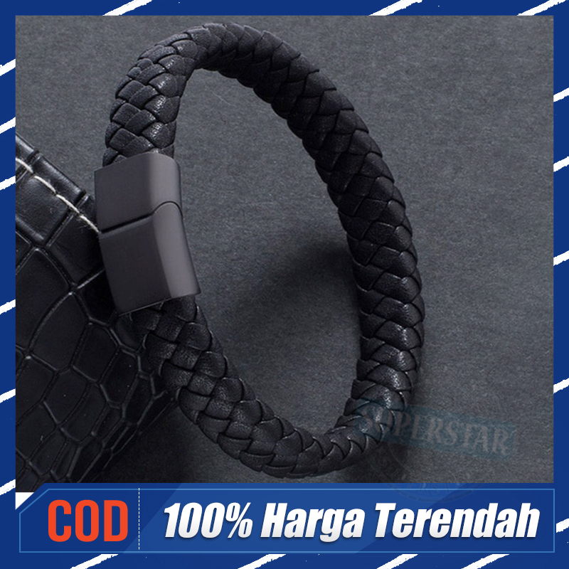 Hitam Gelang Perhiasan Pria Gelang Kulit Kepang Buatan Tangan, Gelang Hadiah Gesper Magnetik Besi
