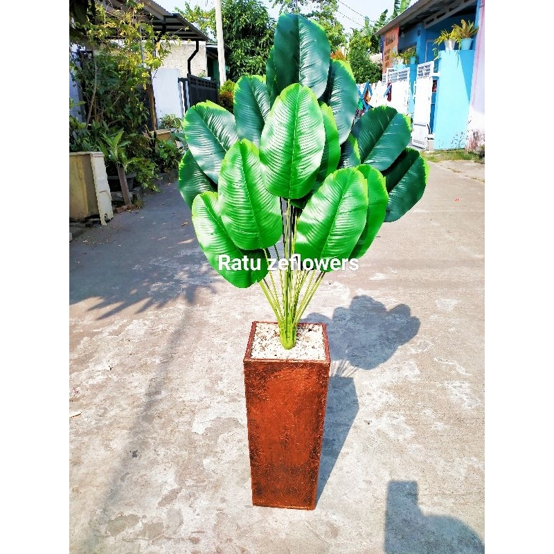 DAUN PISANG + POT KAYU bunga pajangan hiasan rumah dekorasi bunga sudut