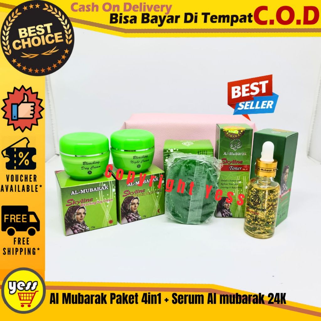 Al Mubarak Cream Paket 4in1 + Serum Al Mubarak 24K Cream Siang, Cream Malam, Sabun, Toner, Serum Cre