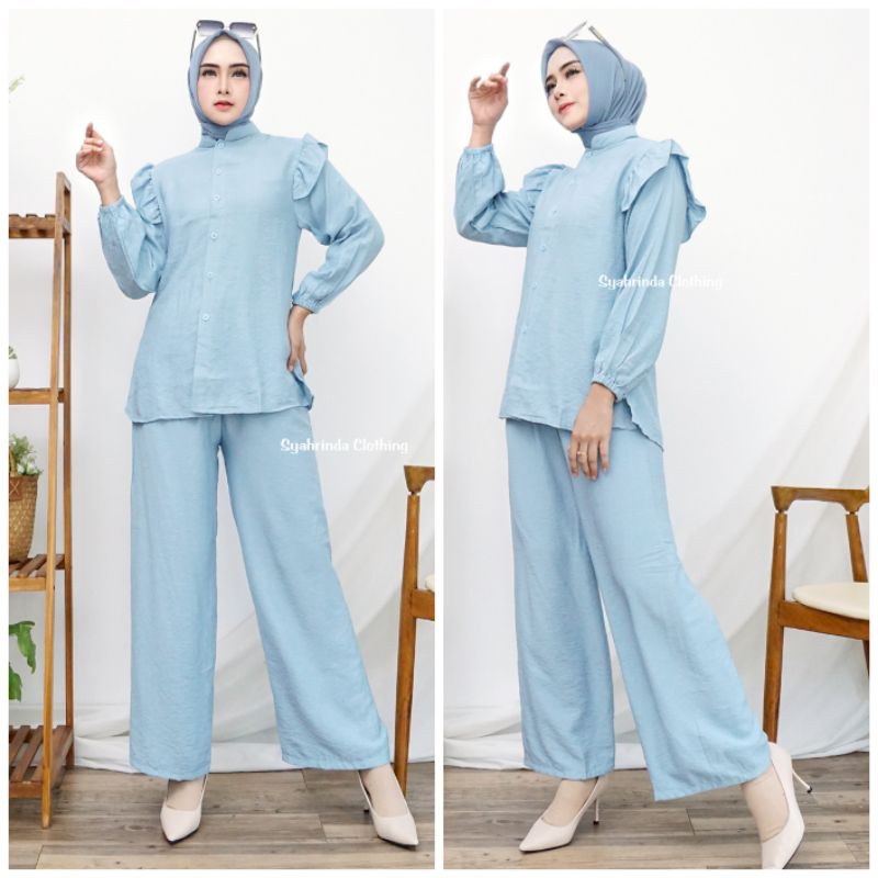 Setelan Celana One Set Wanita Katun Polos Polo Linen Premium Wanset