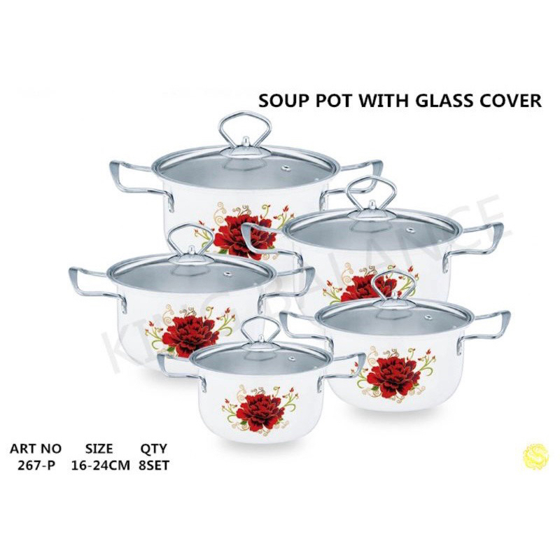 BMW Panci Set Flower Tutup Kaca Isi 5 pcs / Panci Set Motif Mawar