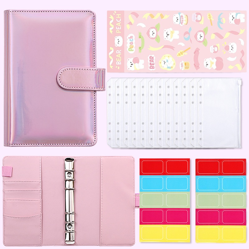 

【SALE】A6 Laser Binder Notebook Planner PU Leather dengan 12 Pcs Ritsleting Folder 20 Pcs Label Stiker Alat Tulis 6 Rings A6 Binder Budget Cash Envelope Travel Journal Planner Buku