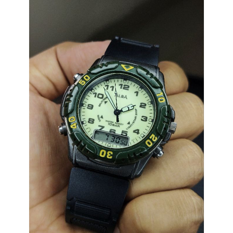 jam tangan Alba field gear anadigi full luminous fosfor dial original