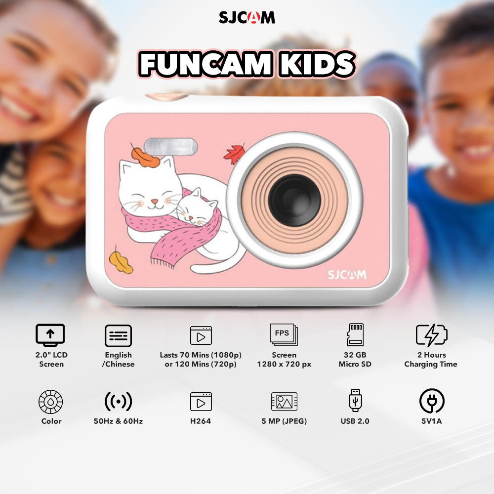 SJCAM FUNCAM KIDS CAMERA kamera mini pocket digital anak-anak kids cam video foto photograph  Inch LCD HD 1080P - KITTY WHITE