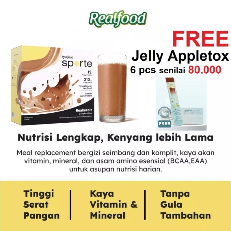 

Realfood Sporte Realmeals Cokelat Sereal Protein with Real Bird Nest 12 pcs Minuman Diet Rendah Kalori FREE Jelly Appletox Detox