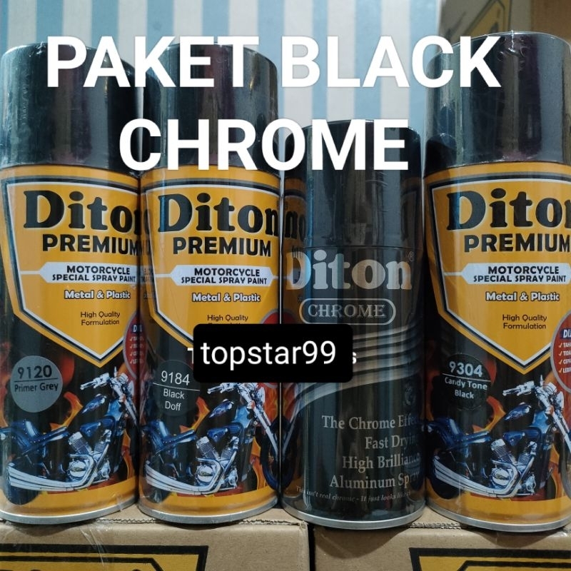 Diton Premium Paket Lengkap 4 Kaleng Black Chrome Hitam Krum Epoxy Primer Grey 9120 Black Doff 9184 