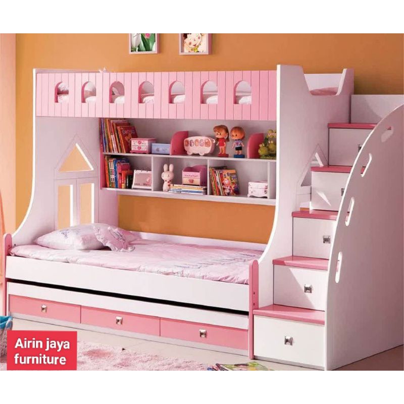 tempat tidur anak tingkat tangga laci sleding bed+3laci+ rak buku