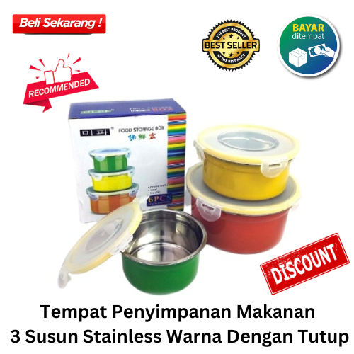 [BISA COD] PROMO Tempat Penyimpanan Makanan 3 Susun Stainless Warna Dengan Tutup Mixing Bowl Rantang