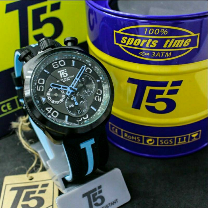 jam tangan pria Mewah T5 H3619 Tali Rubber Blue Date aktif Original