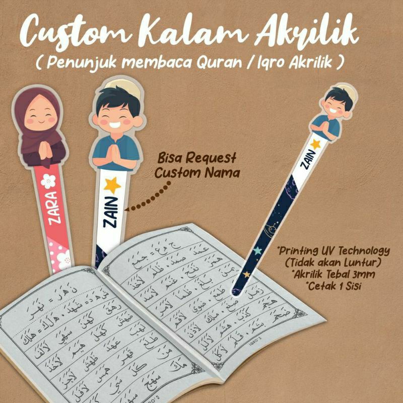 

Kalam Custom Akrilik Print UV/Penunjuk membaca Iqra/Al-Qur'an/tuding ngaji