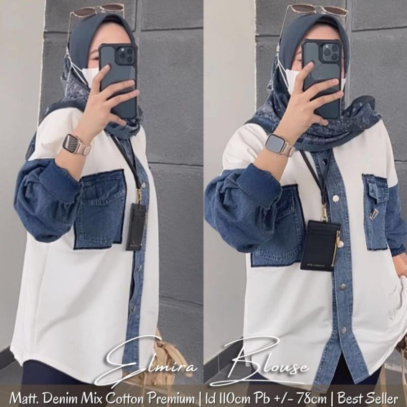 Elmira blouse baju atasan blouse Kekinian Bahan cotton mix jeans Atasan Wanita Lengan Panjang Model 