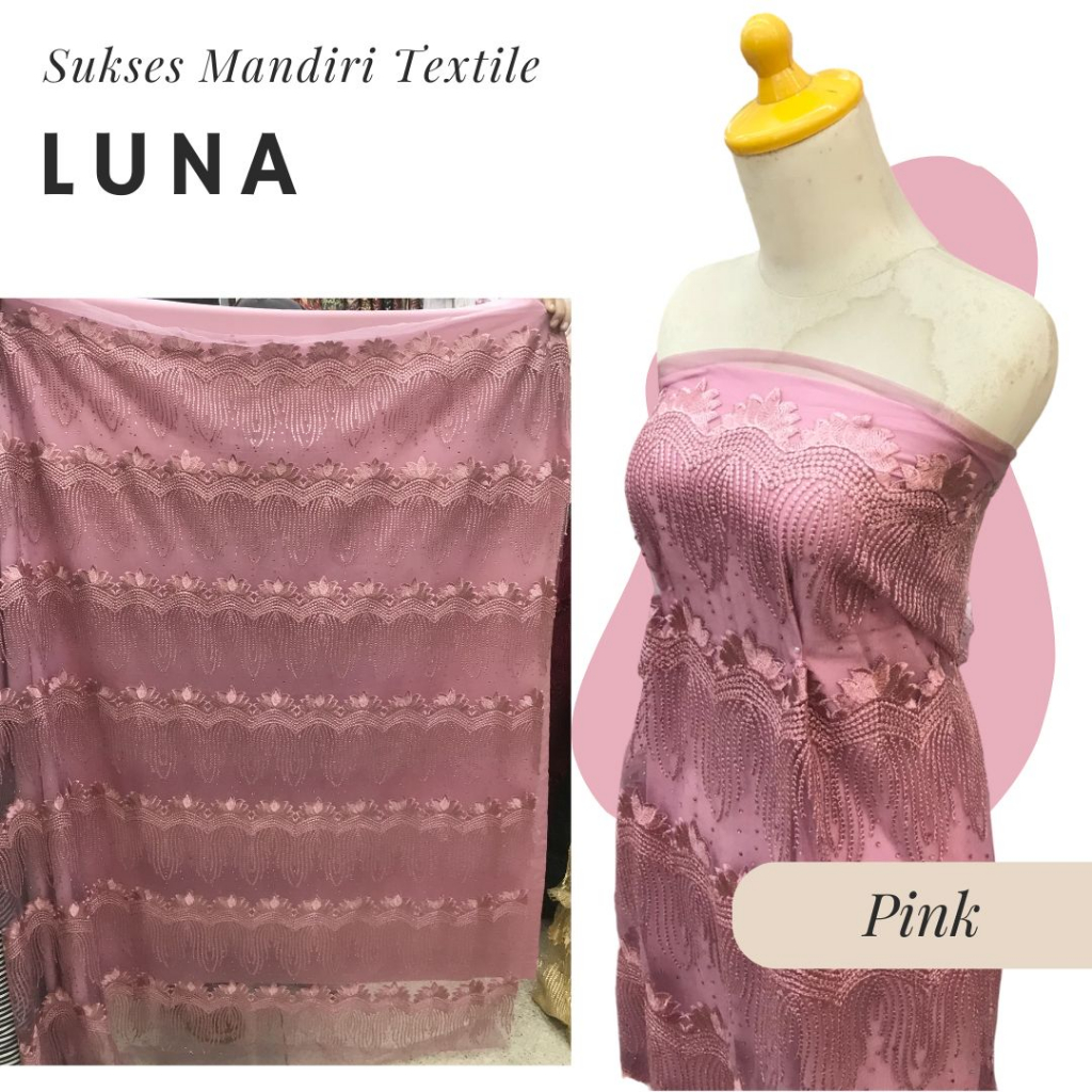 [LUNA] Brokat sulam 3D permata Pink | Harga ½ meter = 50 cm (Bahan Dress Bridesmaid, Kondangan, Keba