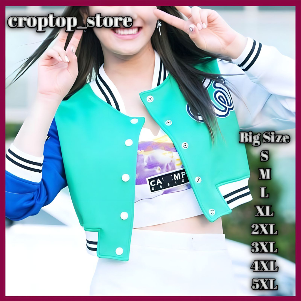 VARSITY CROP WANITA KOMBINASI TIGA WARNA JUMBO 2XL 3XL 4XL 5XL JACKET BASEBALL LONG SLEEVE OVERSIZE 