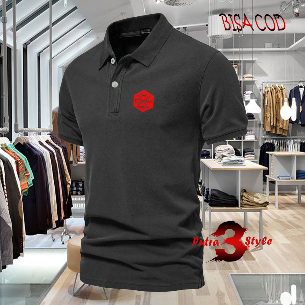 Baju Distro Style Polo Kerah Oxygen X blok Text Merah Kaos Polo T Shirt Denim Premium Quality Atasan