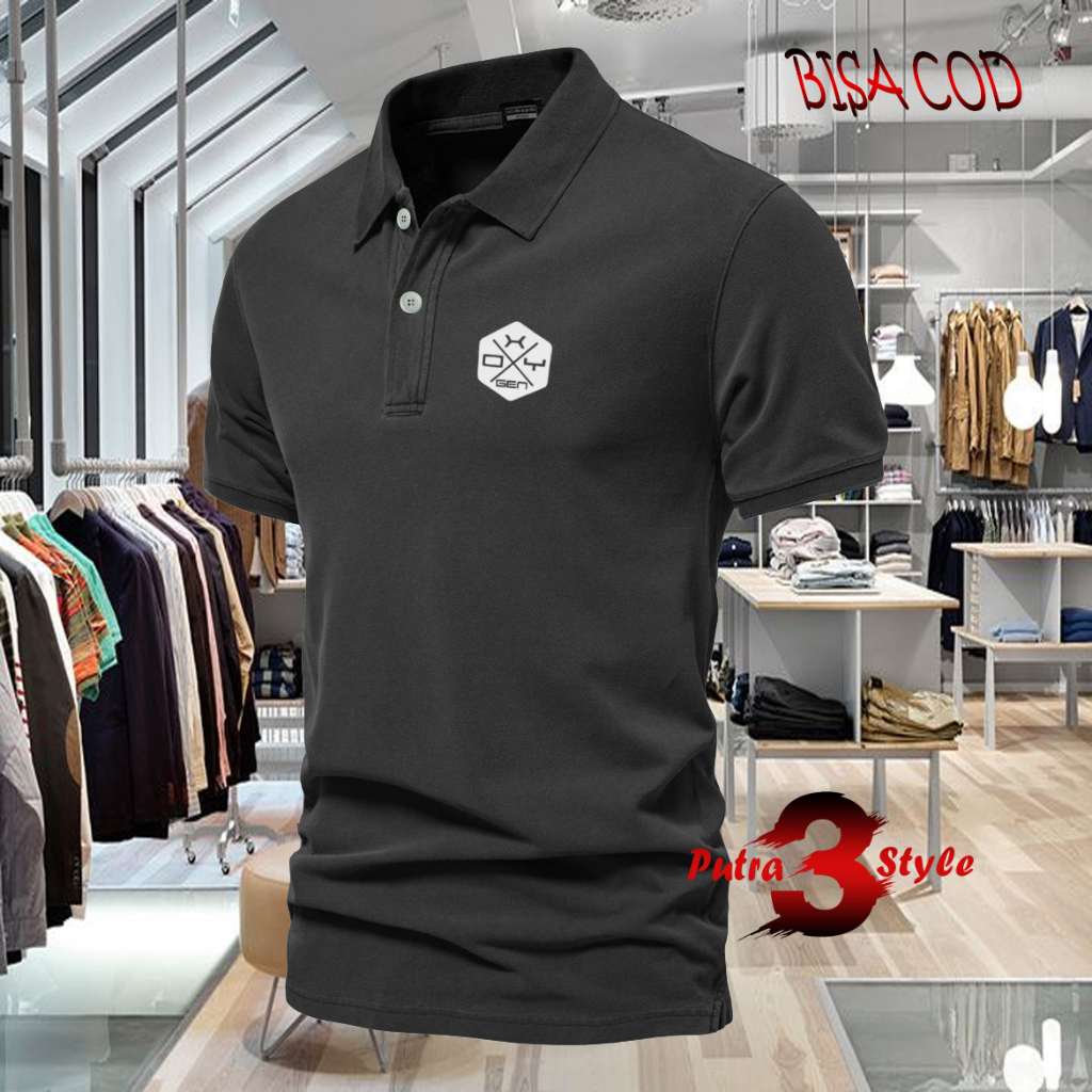 Baju Distro Style Polo Kerah Oxygen X blok Text Putih Kaos Polo T Shirt Denim Premium Quality Atasan