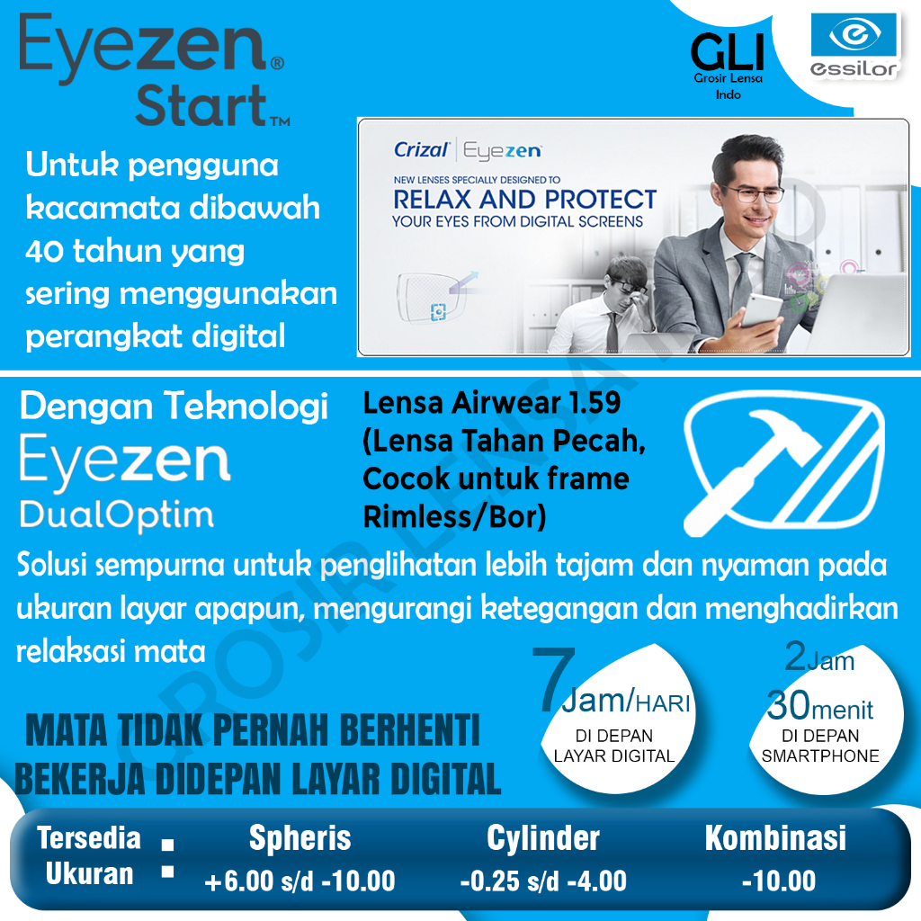 Lensa Essilor Eyezen Start Airware 1.59 CRIZAL SAPPHIRE / OPTIFOG / PREVENCIA
