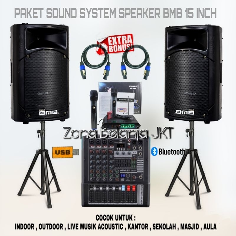 PAKET SOUND SYSTEM OUTDOOR INDOOR LIVE MUSIK SPEAKER BMB 15 INCH POWER MIXER USB BLUETOOTH MIC WIREL