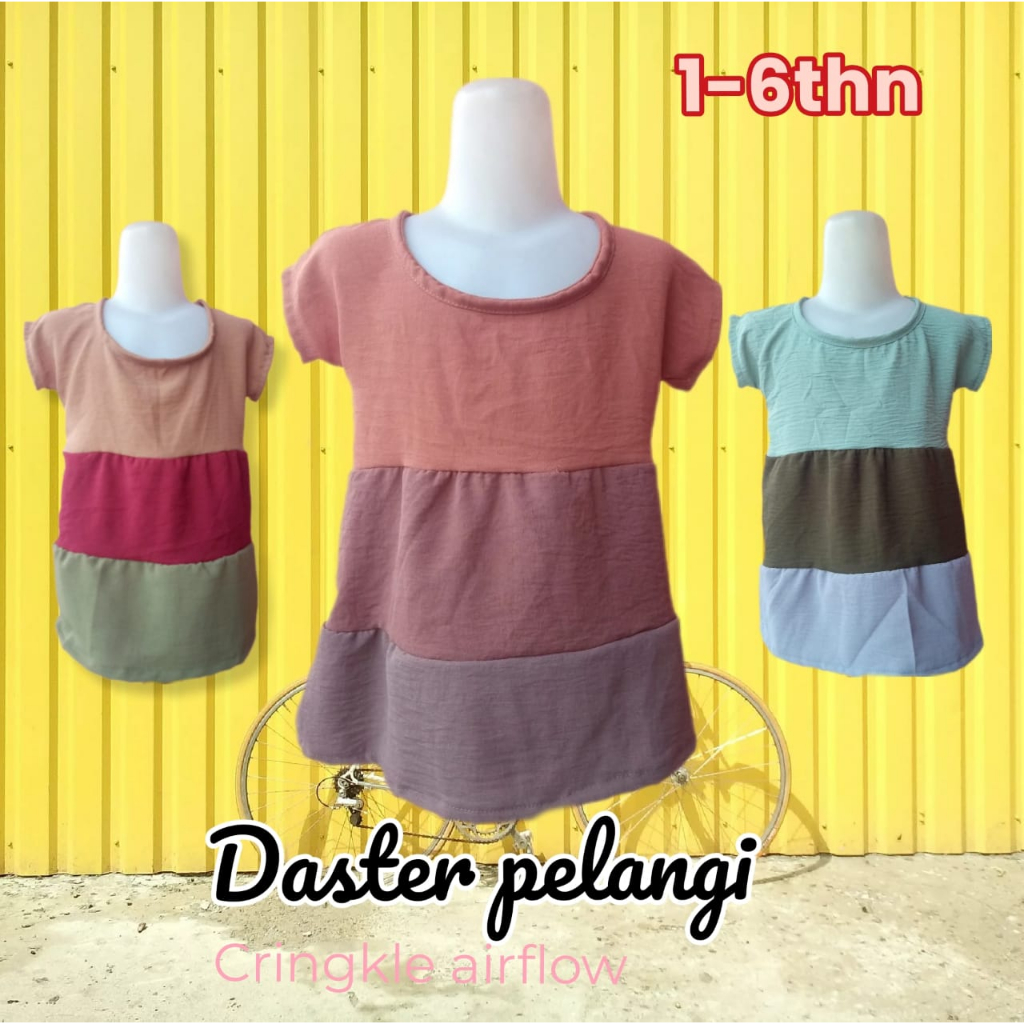 DASTER ANAK CRINGKLE KOMBINASI MURAH MIX WARNA 1-6 TAHUN/DASTER PELANGI/DASTER RUFFLE ANAK/DRESS ANA