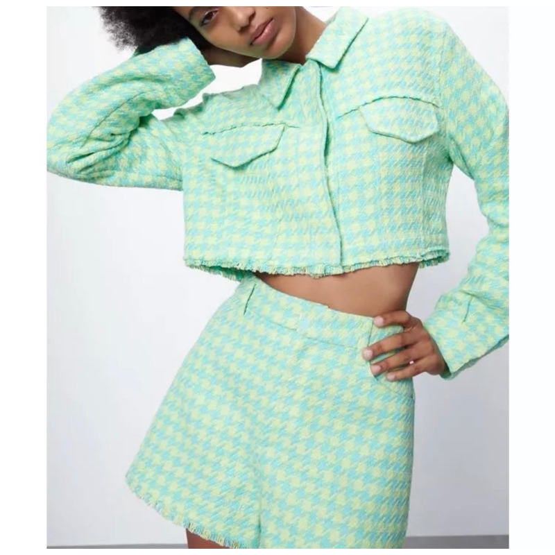 zara tweed short / zara tweed short green / green short pant / casual short pants / celans pendek tw