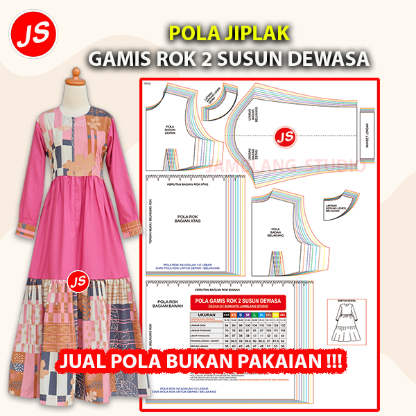 Pola Jiplak Gamis Rok 2 Susun Dewasa 9 in 1