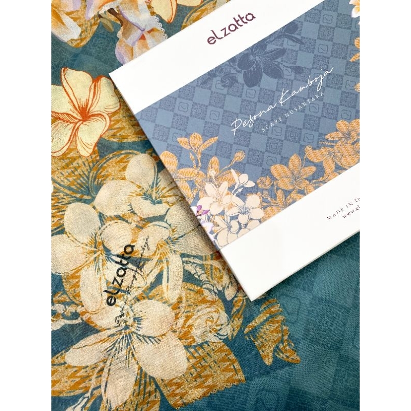 hijab segi empat premium terbaru elzatta  kanara pesona bunga kamboja free box scarf