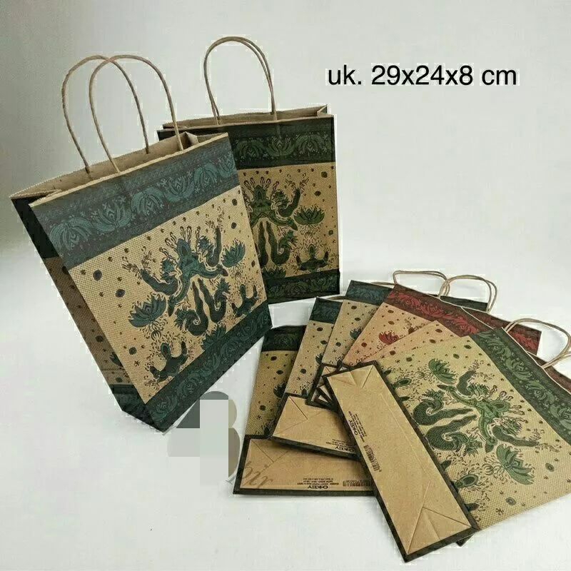 GROSIR PER PAK PACK 10 BUAH LEMBAR TAS PAPER BAG KERTAS SOUVENIR KADO COKLAT MOTIF BATIK WARNA BIRU 