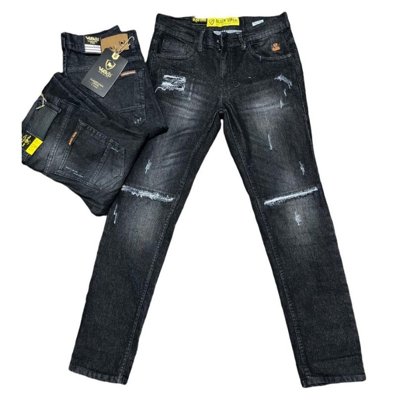 VLG36 celana panjang jeans pria sobek strecth model skinny Celana Jeans Pria Black Viper APPAREL™ De