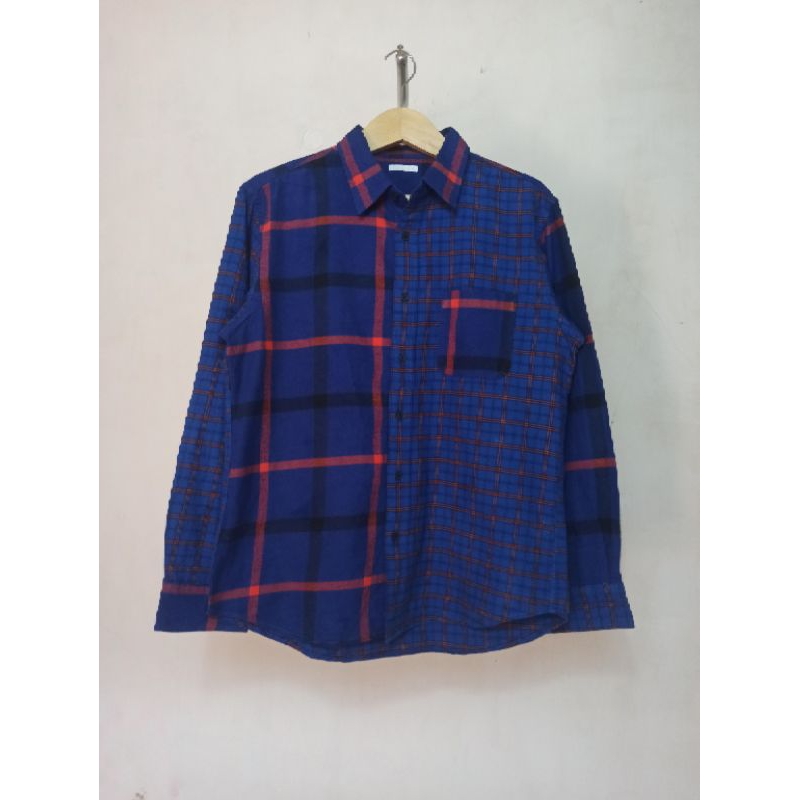 [Flannel GU] Kemeja Flanel Global Uniqlo Patchwork Long Sleeve Shirt Navy Ungu Size M / L