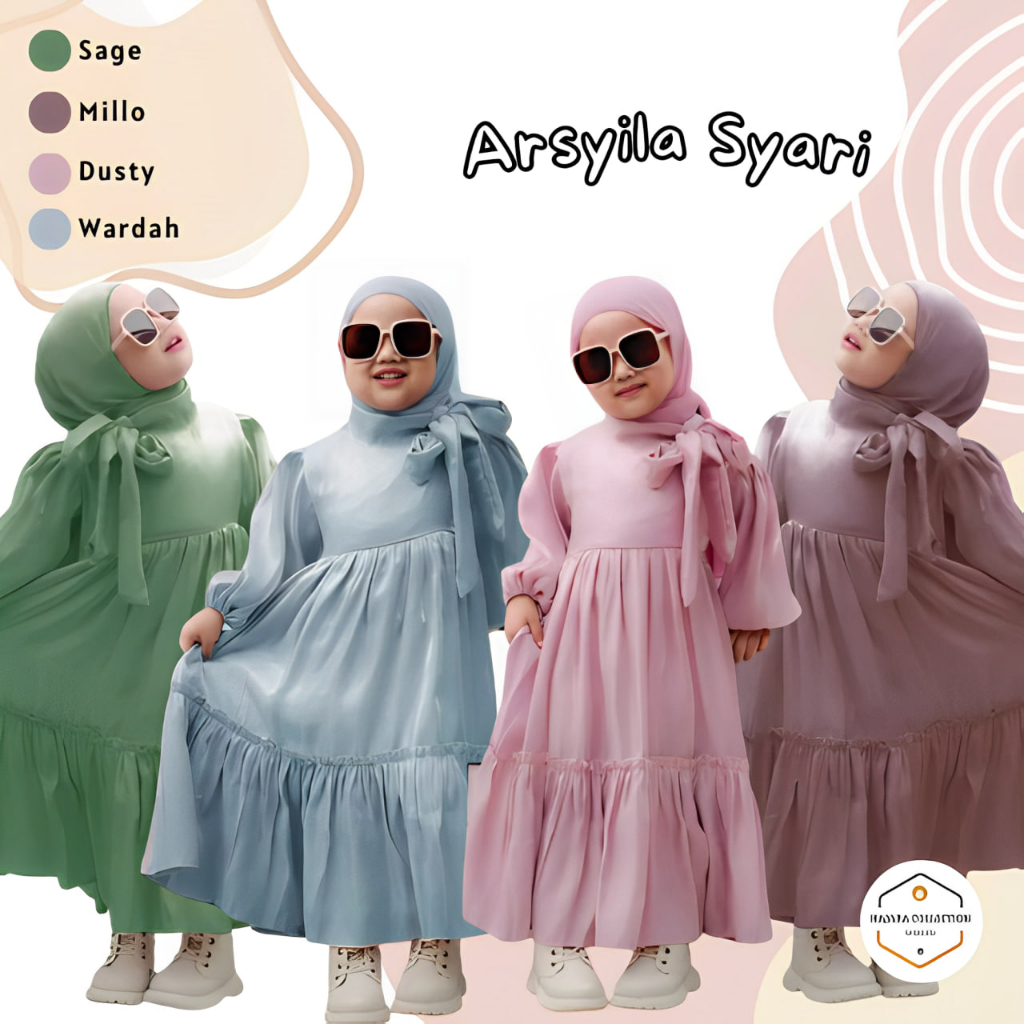 Gamis Anak Perempuan Usia 5 6 7 8 9 10 Tahun Arsyila Dress Matt Santorini Shimmer Silk Premium Plus Hijab Baju Muslim Anak Motif Polos Terbaru